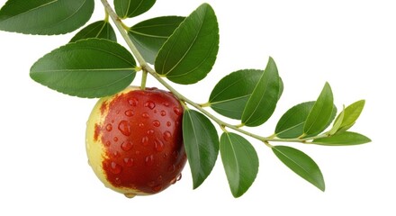 Obraz premium Fresh apple hanging from a branch with green leaves in natural light setting