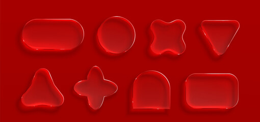 Transparent glass frames with glossy morphism effect, vector set isolated on red background. 3D ui elements with realistic texture, rounded corners, crystal clear borders for modern digital interface