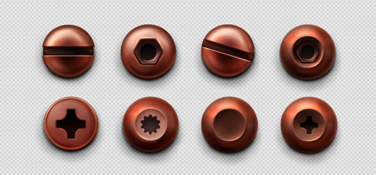 Copper screws and bolt heads collection with metal textures, realistic vector srt isolated on transparent background. Industrial bronze elements different heads, steel rivets, and vintage nail design