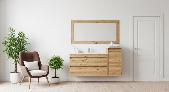 Modern bathroom with wooden vanity, sink, and large mirror reflecting a cozy chair