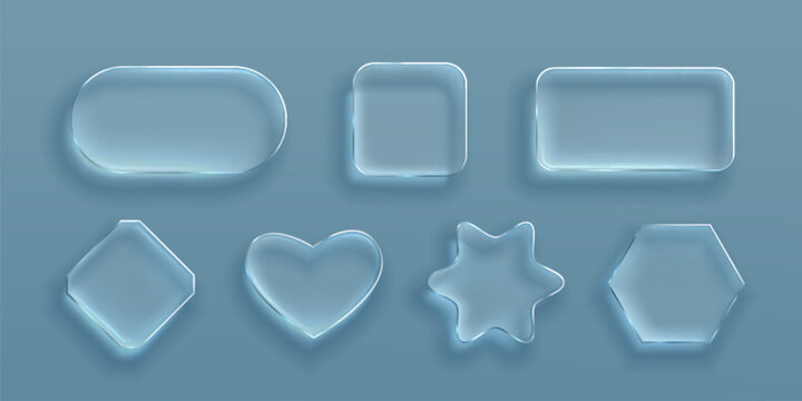 Transparent glass frames with glossy morphism effect, vector set isolated on background. 3D ui elements with realistic texture, rounded corners, crystal clear borders for modern digital interface