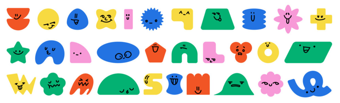 Cute cartoon shapes with funny faces and happy smiles, vector set isolated on white background. Colorful geometric characters with eyes and different emotions, kids designs and creative projects.