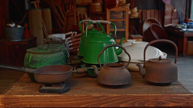 A detailed shot of vintage household items, including rusted iron tetsubin kettles and green enamel pots. Displayed on a wooden table at Edo-Tokyo Open Air Architectural Museum.