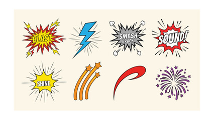 Obraz premium Comic Book Sound Effects: A collection of vibrant comic book sound effects burst forth, echoing the excitement and dynamism of storytelling