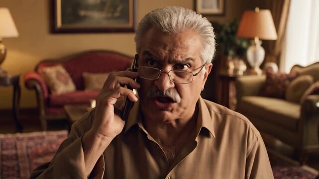Angry man talking on the phone in a room