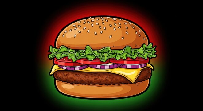 Illustrated double deck cheeseburger sits centered against a dark background with dramatic colored lighting