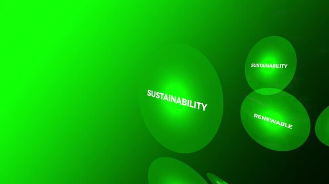 Dynamic green circles with "Sustainability" and "Renewable" text moving through a digital space. Modern abstract background for eco-environmental brands.