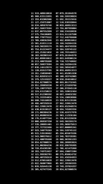 Two vertical columns of fast-moving white decimals and floating point numbers on a black background. Ideal for big data analytics or processing overlays.