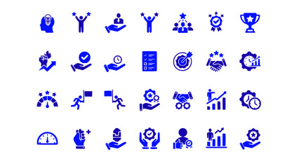 Fototapeta premium Blue business growth icons featuring charts, targets, progress, speedometer, and performance indicators.