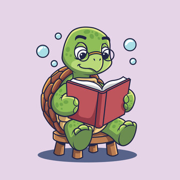 cute cartoon turtle wearing glasses and reading a book on a stool