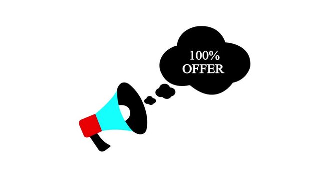 Megaphone Animation with 100 Percent Discount Offer Speech Bubble, Big Sale Promotion Announcement, Vector Graphic Motion for Marketing and Advertising Campaigns on White Background.