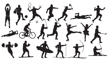 Silhouettes of athletes in various sports actions in dynamic poses with high contrast black on white background for fitness illustration