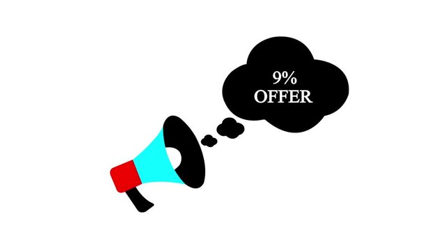 Megaphone Animation with 9 Percent Discount Offer Speech Bubble, Big Sale Promotion Announcement, Vector Graphic Motion for Marketing and Advertising Campaigns on White Background.