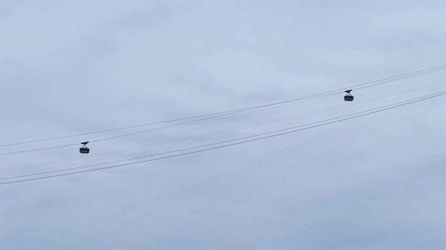 Minimalist wide telephoto shot of Sugarloaf cable car gondolas in Rio de Janeiro, Brazil, Mobility