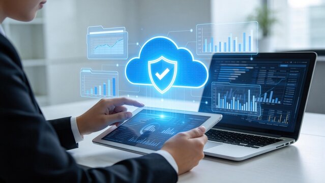 Cloud data security and protection concept with digital shield icon over tablet and laptop,secure storage backup and analytics for enterprise business technology