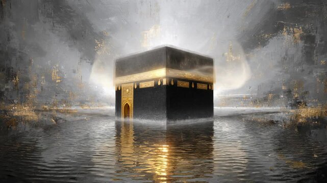 Shining Kaaba surrounded by reflective water and dramatic sky with artistic background in a spiritual and reverent setting