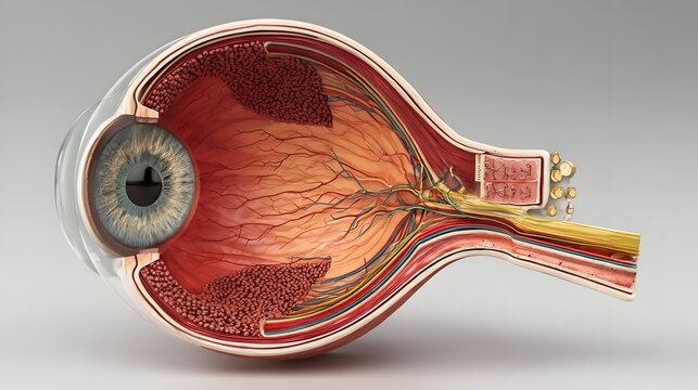 Human eye cross-section displaying retina, cornea, lens, and optic nerve, precise medical illustration