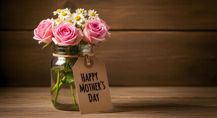 Pink roses in a mason jar for mother's day