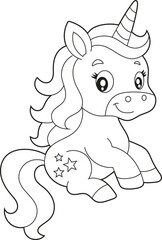 Obraz premium Cute Baby Unicorn Sitting Coloring Page for Kids. Simple Cartoon Fantasy Animal Character Outline