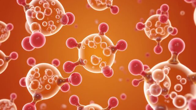 Molecular structure, orange spheres, microscopic particles