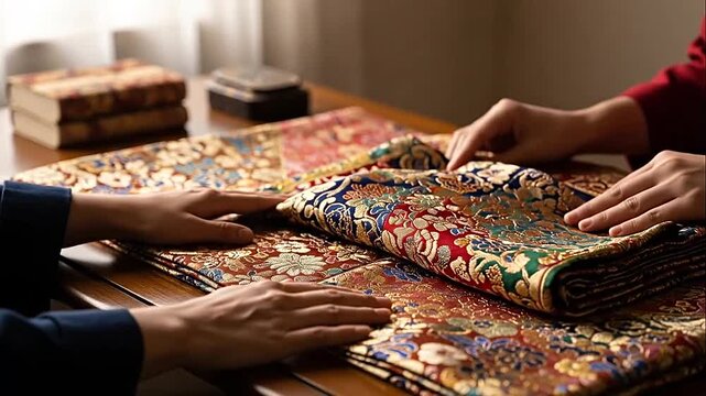 Hands Examining Traditional Indonesian Batik Fabric on a Wooden Table