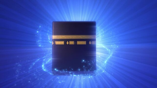 Shining Kaaba with Golden Embellishments in a Vibrant Blue Digital Background for Religious and Spiritual