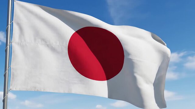 The national flag of Japan known as Nisshoki or Hinomaru waves proudly in the clear blue sky with fluffy white clouds symbolizing national pride and identity.