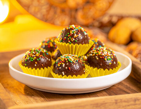 Kue Coklat Meses warna warni tabur di Piring Putih, kue lebaran
​