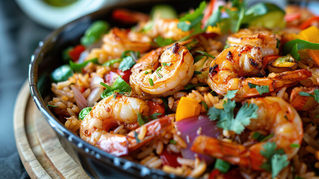 Shrimp Stir Fry Cooked with Vegetables in a Skillet on a Wooden Table with Fresh Herbs and Spices