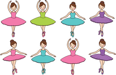 Cute Little Ballerina Girl in Different Ballet Poses Colorful Tutu Dress Cartoon Vector Illustration Set © Mifta