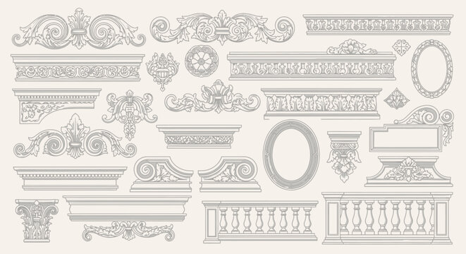 Collection of intricate architectural ornamental elements including scrollwork, balustrades, columns, and decorative frames in a detailed vintage style