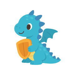 Obraz premium Blue dragon knight holding shield, medieval fantasy character for fairytale artwork, children posters, hero branding and magical adventure designs