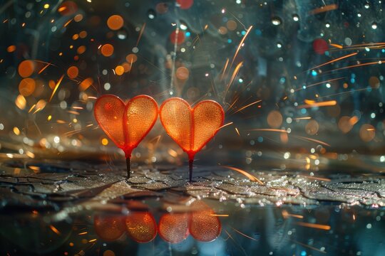 Bright hearts reflect on wet stones. Warm illuminated hearts dance on rainy streets. Shimmering love symbols cast glow on moist cobblestones and romantic surroundings