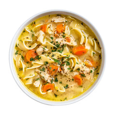 bowl of chicken noodle soup on a white background.