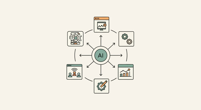 Central AI hub connecting various digital media and data analysis icons in a circular diagram with a simple line art style