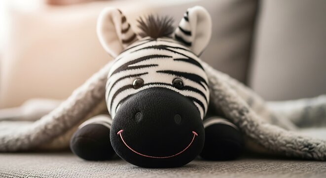 Cute Zebra Toy on Sofa Closeup.