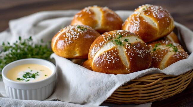 A basket of delicious looking soft pretzels and cheese dipping sauce on the side.