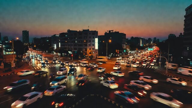 Aerial view of a bustling city intersection with cars moving through heavy evening traffic.