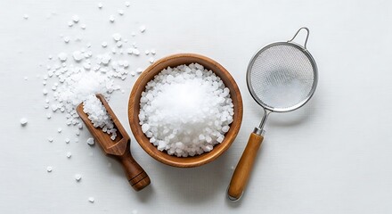 Fototapeta premium Top View of Powdered Sugar in Wooden Bowl with Sieve and Scoop.