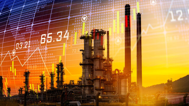 The financial graph with an upward-pointing arrow represents the growth and demand in the energy market, reflecting volatility and global crude oil prices, oil refinery in a powerful industrial zone.