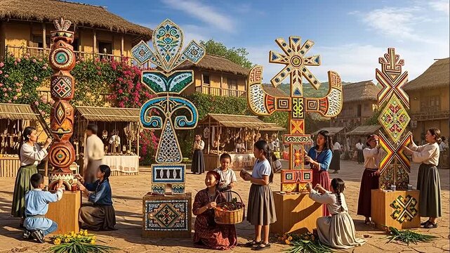 Vibrant traditional village festival scene with people celebrating around decorated totems and crafting, showcasing rich culture and community spirit.