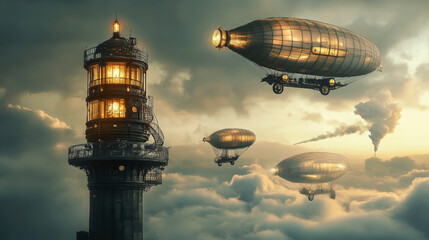 Naklejka premium Fantasy steampunk scene with illuminated lighthouse and airships floating in a cloudy sunset sky, depicting an alternate historical world of adventure