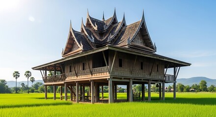 Obraz premium Traditional Thai Wooden House on Stilts in a Lush Green Rice Field.