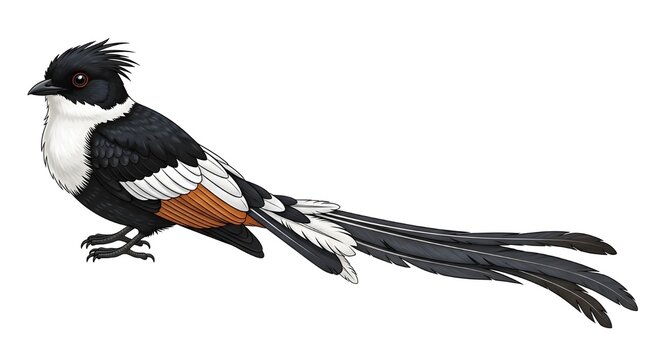 Detailed vector illustration of a crested long-tailed bird with black, white, and orange plumage, featuring a prominent crest and elegant tail.