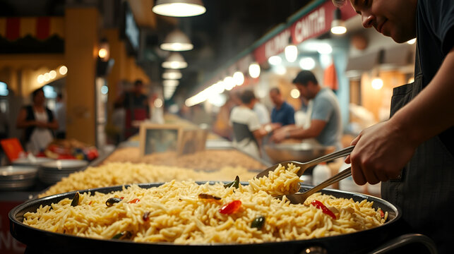 Close up street vendor serving paella Barcelona night market cinematic handheld cultural tourism lifestyle stock video. detail cook preparing rice dish barcelona evening bazaar