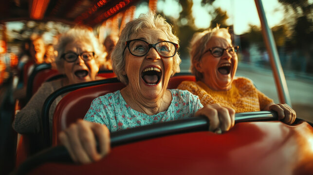 Three joyful senior women scream with delight while riding a thrilling amusement park ride