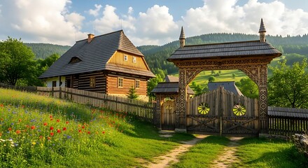 Traditional Wooden House and Ornate Gate in a Picturesque Rural Landscape.