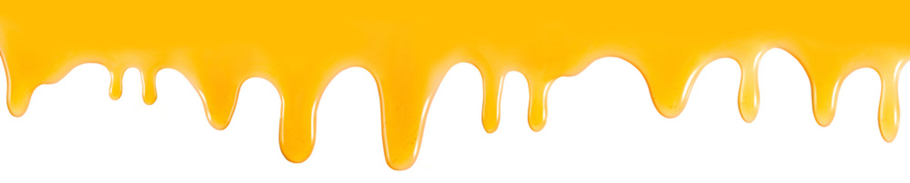 Bright yellow melted cheese dripping down from the top of a surface isolated on transparent background, PNG file