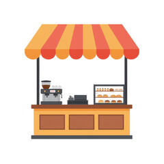 Colorful outdoor coffee shop kiosk with fresh baked goods isolated on white background