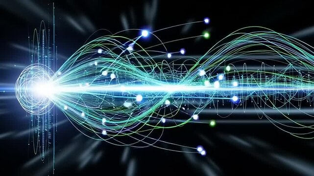 Dynamic digital light beam with intricate particle streams, symbolizing advanced science, innovative technology, and rapid data flow in an abstract futuristic setting
